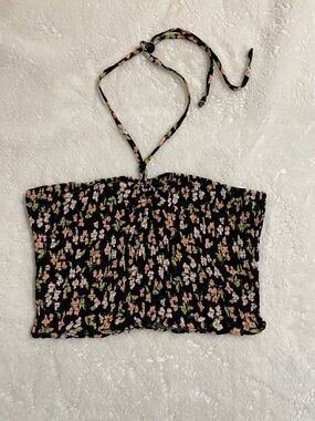 Altar'd State Black Floral Smocked Halter Crop Top